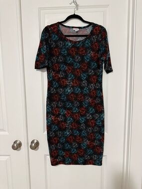 LuLaRoe Julia Black Midi Dress with Red and Teal Floral Swirl Print